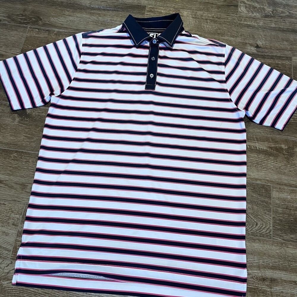 FootJoy Polo Shirt Mens Size XL Pink White Blue Stripe Athletic Fit Short Sleeve